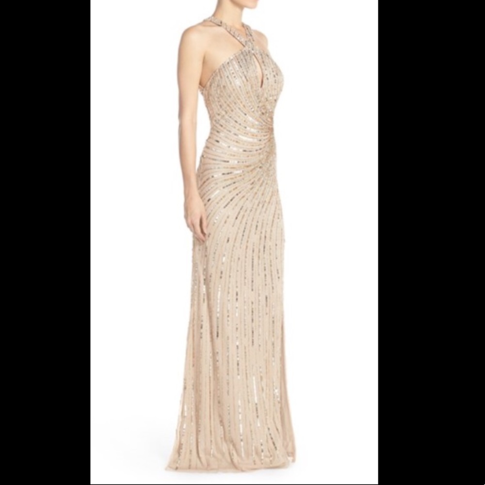 Adrianna Papell Sequin Halter Gown - Champagne